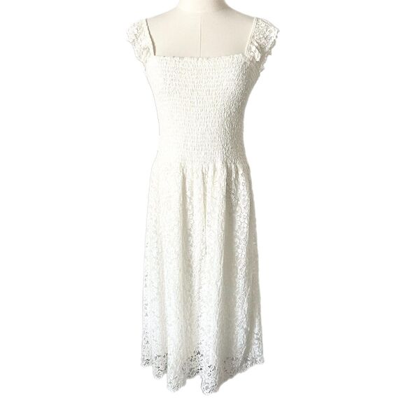 Anthropologie Maeve Anastasi Smocked Mini Dress in White Lace Size Medium - Picture 1 of 5